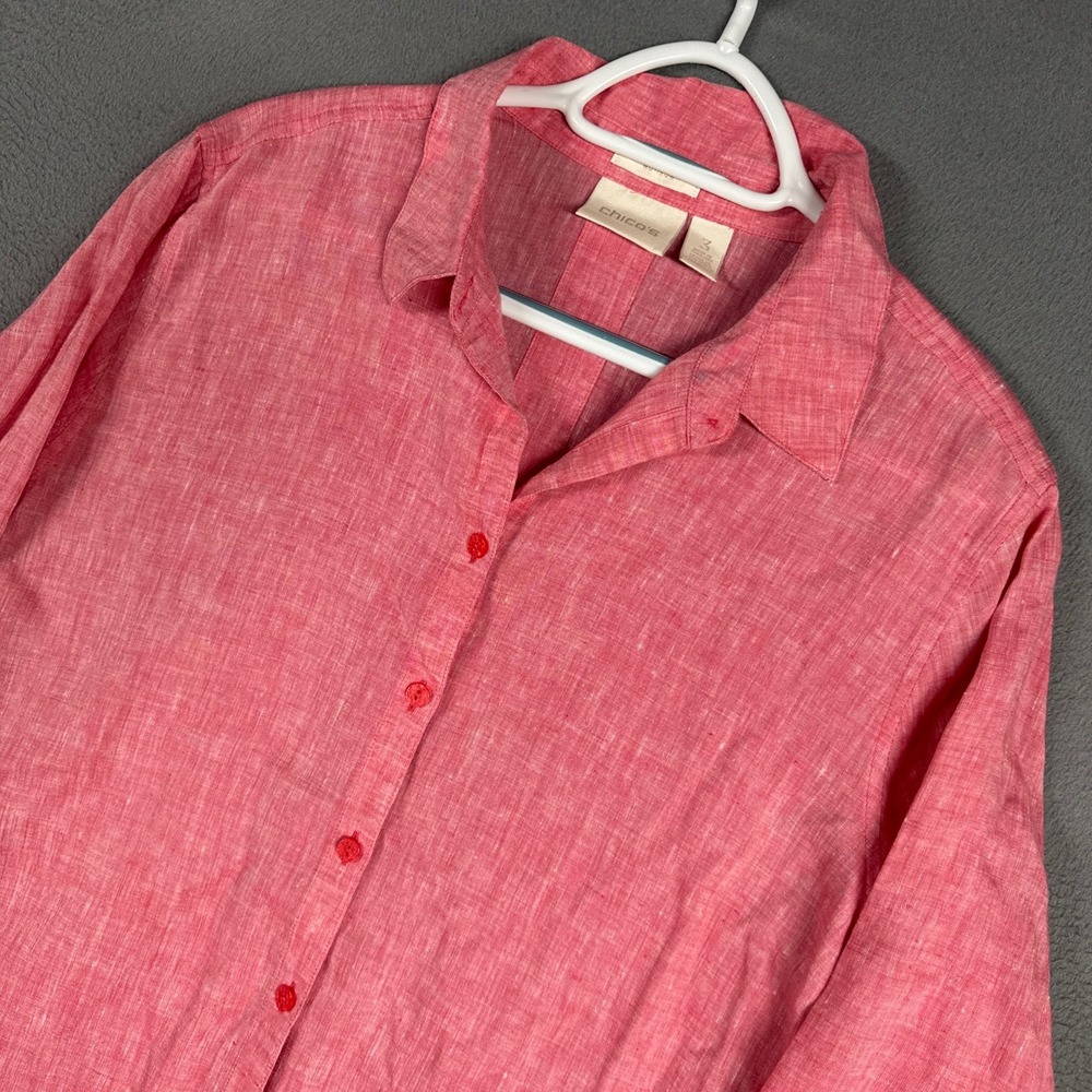 Chicos Shirt Womens 3 / 16 XL Pink Linen 3/4 Sleeve No-Iron Pleated Back Button